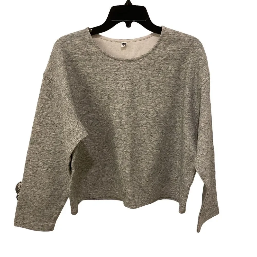 Uniqlo Gray French Terry Knit Long Sleeve Crewneck Crop Boxy Sweater Medium